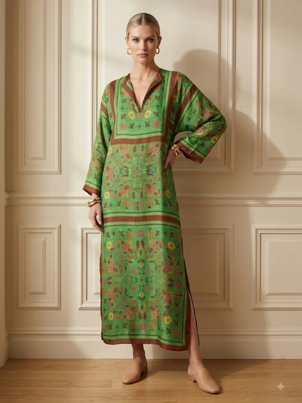 Tory Burch Green Printed Silk Maxi Caftan